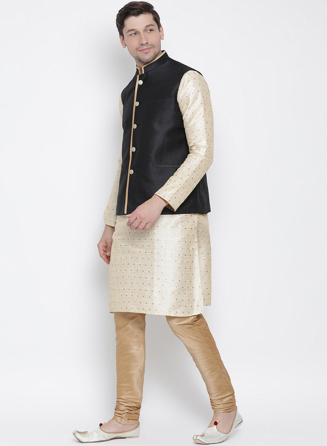 Men's Gold Cotton Silk Blend Kurta, Ethnic Jacket and Pyjama Set