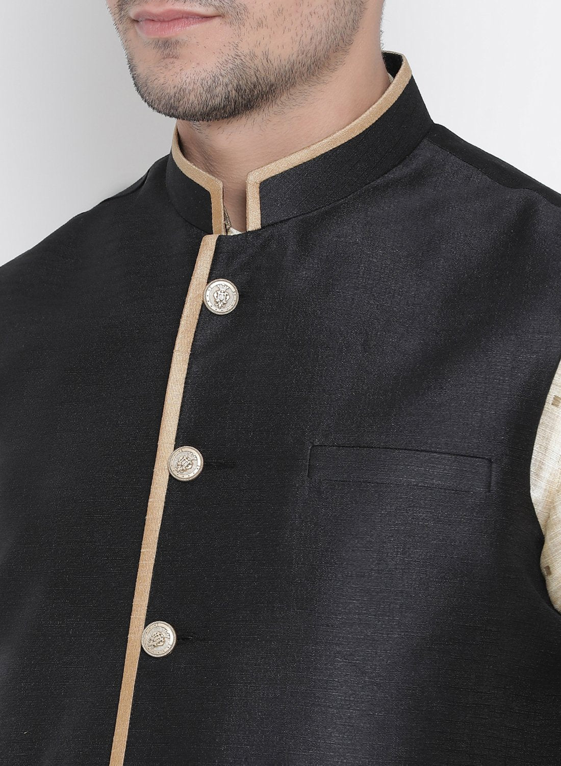 Men's Gold Cotton Silk Blend Kurta, Ethnic Jacket and Pyjama Set