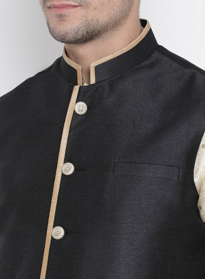 Men's Gold Cotton Silk Blend Kurta, Ethnic Jacket and Pyjama Set