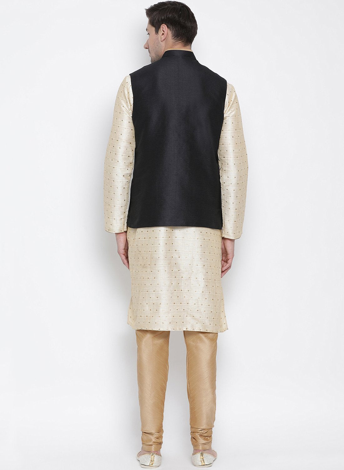 Men's Gold Cotton Silk Blend Kurta, Ethnic Jacket and Pyjama Set
