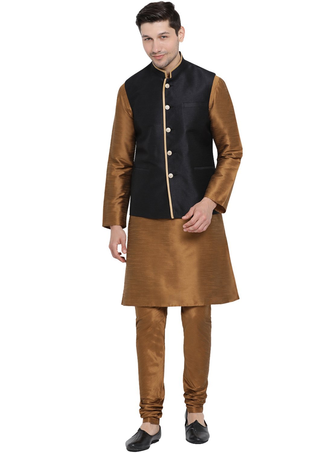 Men's Brown Cotton Silk Blend Kurta, Ethnic Jacket and Pyjama Set