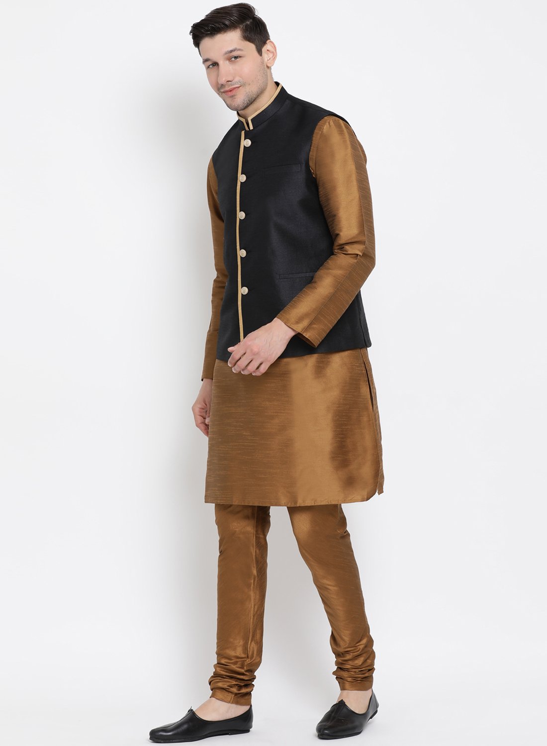 Men's Brown Cotton Silk Blend Kurta, Ethnic Jacket and Pyjama Set