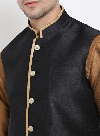 Men's Brown Cotton Silk Blend Kurta, Ethnic Jacket and Pyjama Set