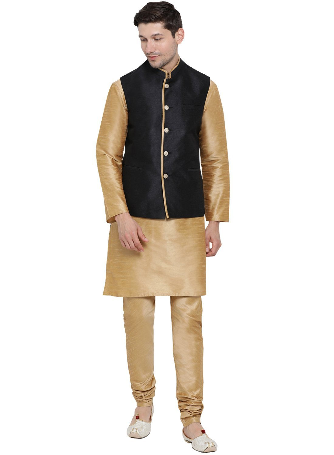 Men's Gold Cotton Silk Blend Kurta, Ethnic Jacket and Pyjama Set