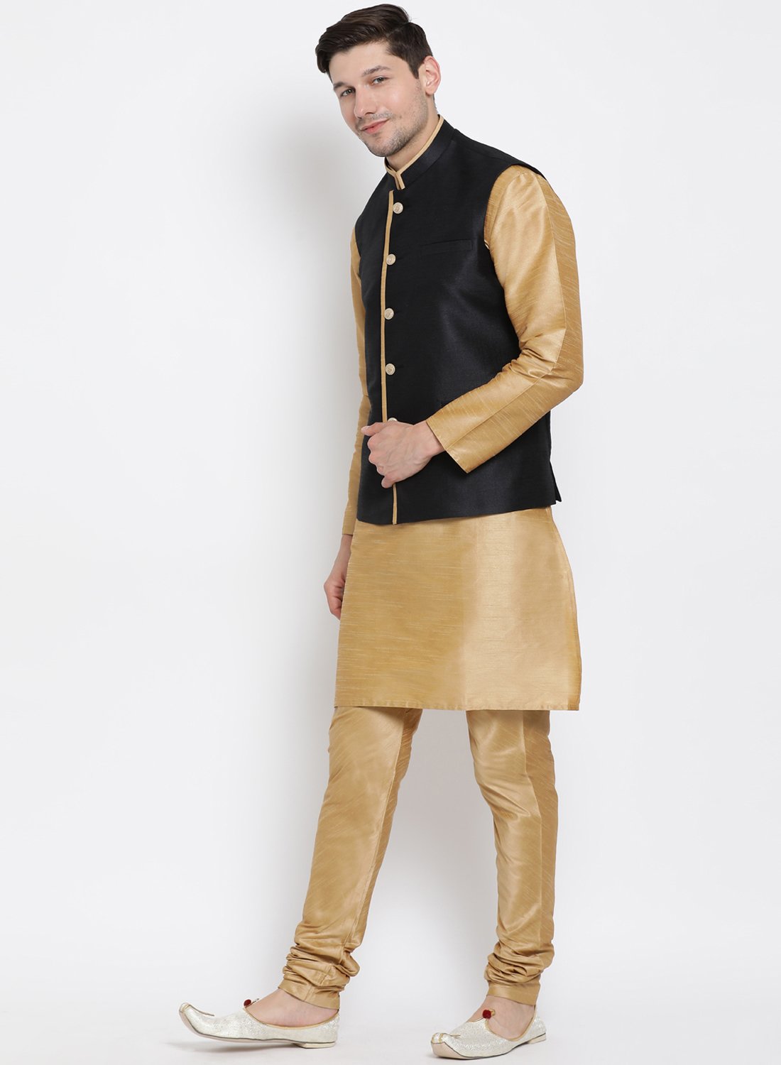 Men's Gold Cotton Silk Blend Kurta, Ethnic Jacket and Pyjama Set