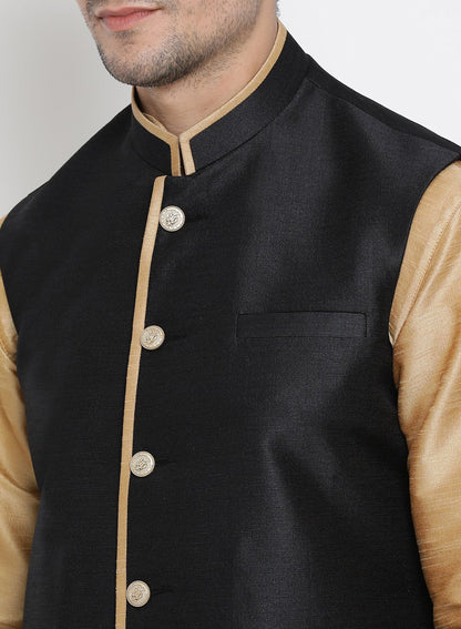 Men's Gold Cotton Silk Blend Kurta, Ethnic Jacket and Pyjama Set