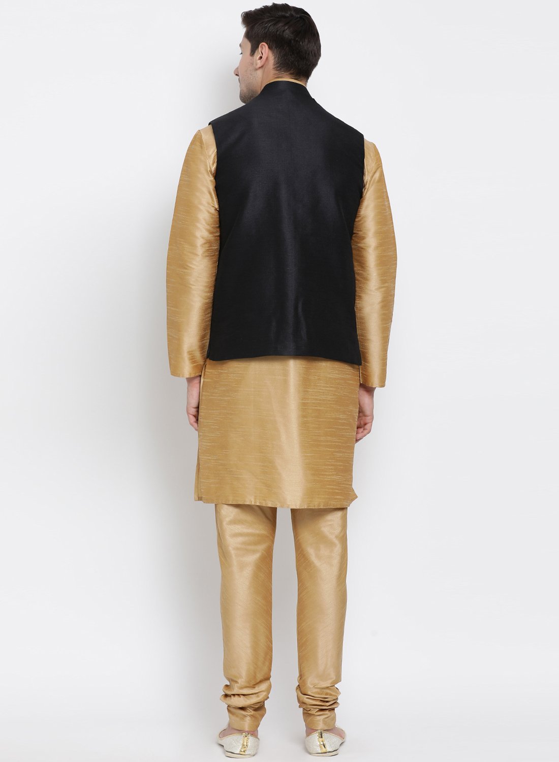 Men's Gold Cotton Silk Blend Kurta, Ethnic Jacket and Pyjama Set