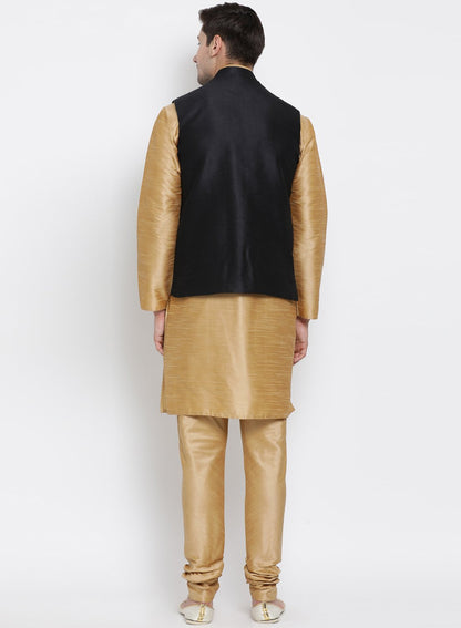 Men's Gold Cotton Silk Blend Kurta, Ethnic Jacket and Pyjama Set