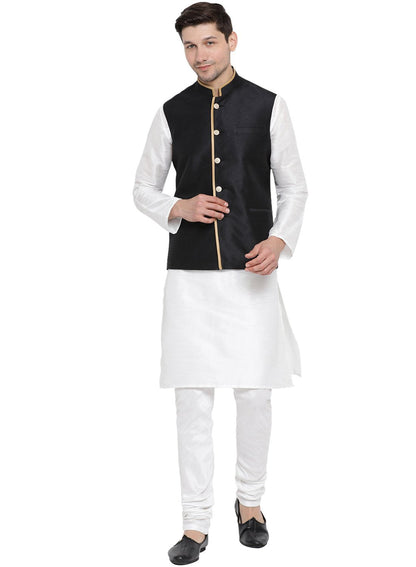 Men's White Cotton Silk Blend Kurta, Ethnic Jacket and Pyjama Set