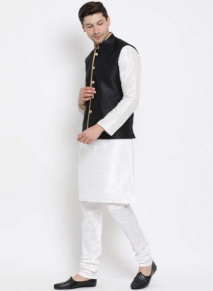 Men's White Cotton Silk Blend Kurta, Ethnic Jacket and Pyjama Set