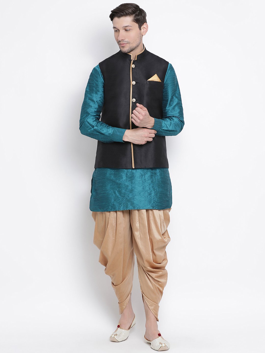 Men's Dark Green Cotton Silk Blend Ethnic Jacket, Kurta and Dhoti Pant Set