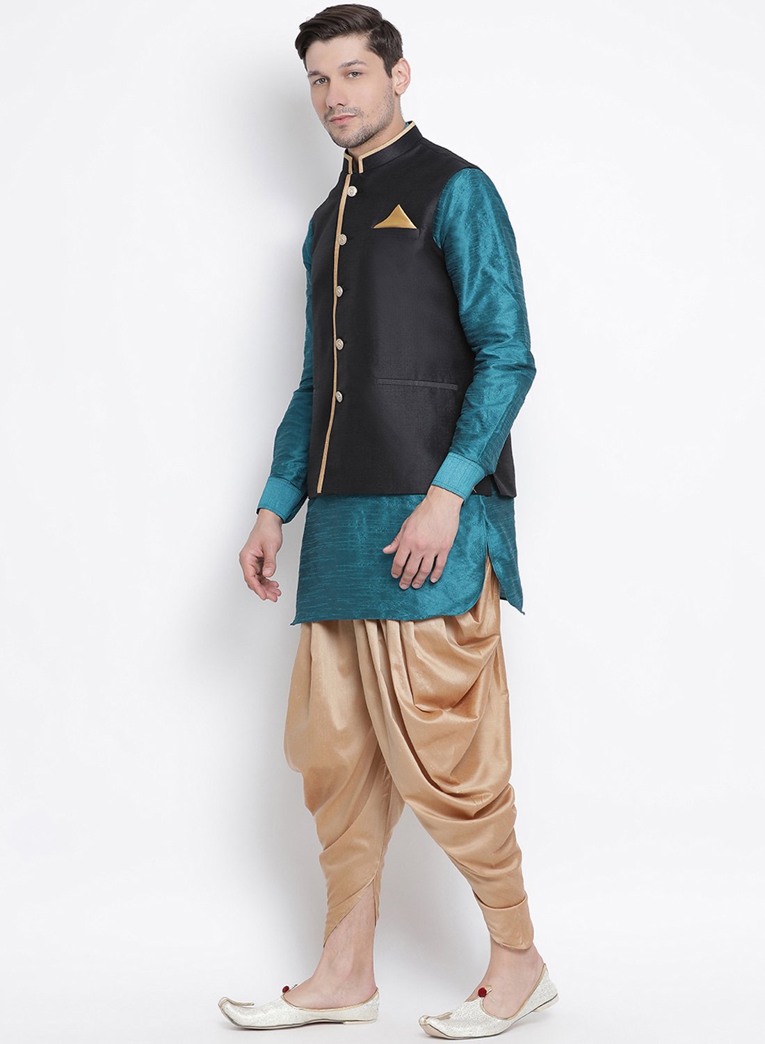 Men's Dark Green Cotton Silk Blend Ethnic Jacket, Kurta and Dhoti Pant Set