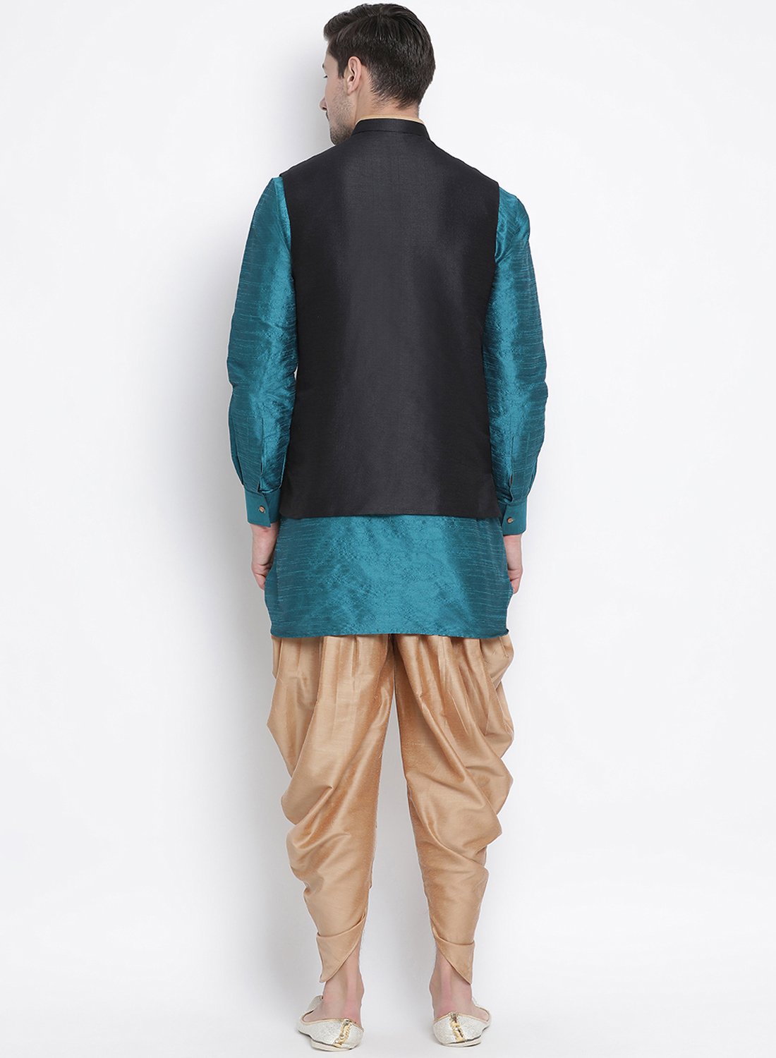 Men's Dark Green Cotton Silk Blend Ethnic Jacket, Kurta and Dhoti Pant Set
