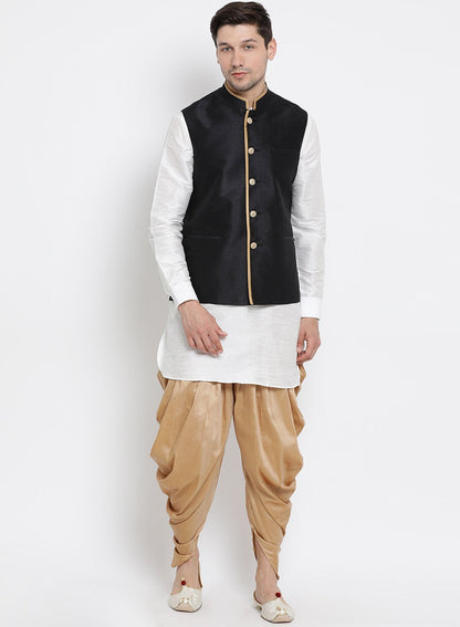 Men's White Cotton Silk Blend Ethnic Jacket, Kurta and Dhoti Pant Set