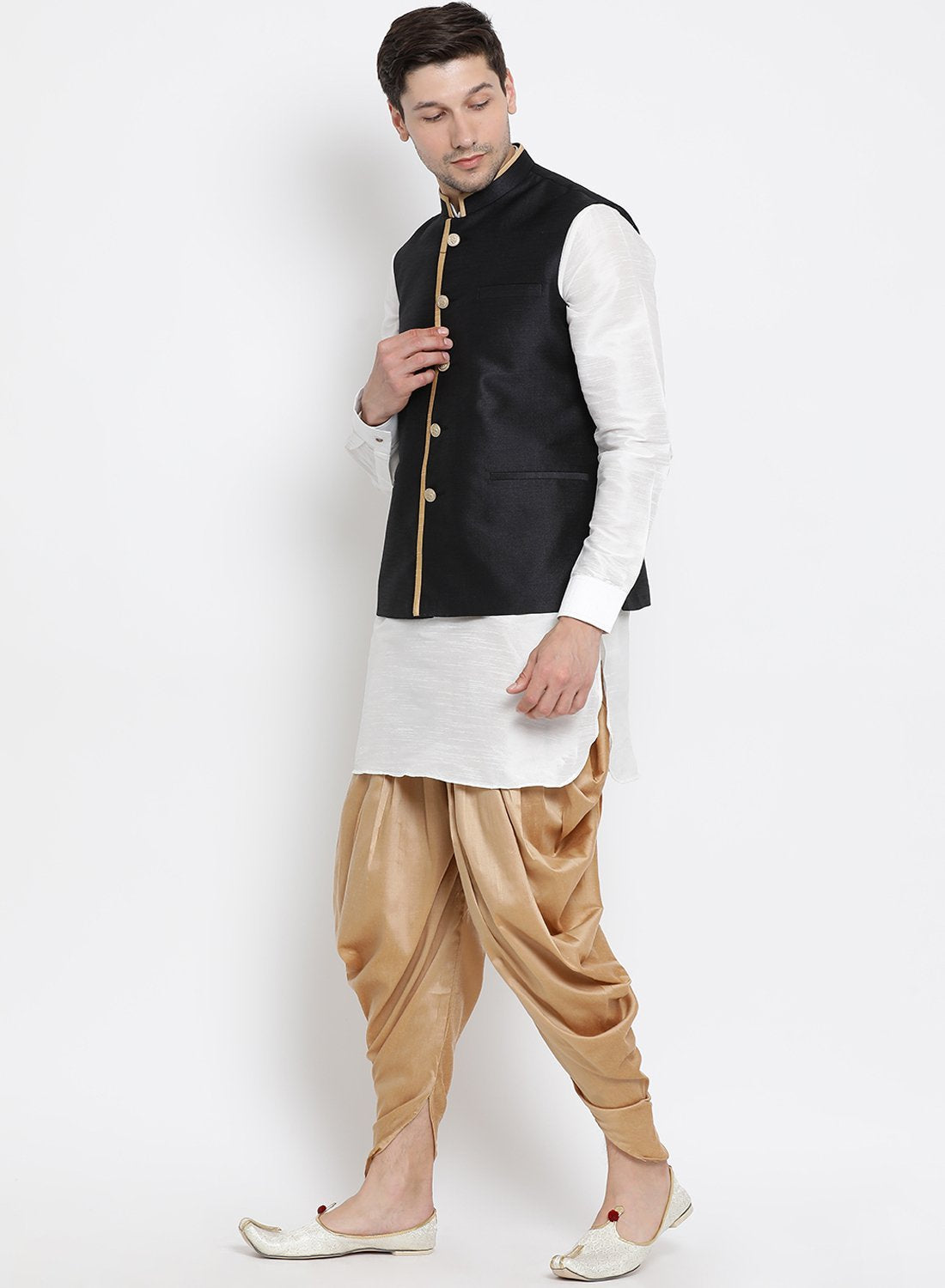 Men's White Cotton Silk Blend Ethnic Jacket, Kurta and Dhoti Pant Set