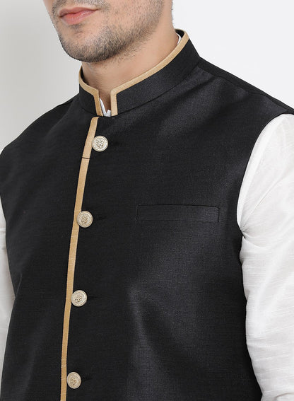 Men's White Cotton Silk Blend Ethnic Jacket, Kurta and Dhoti Pant Set