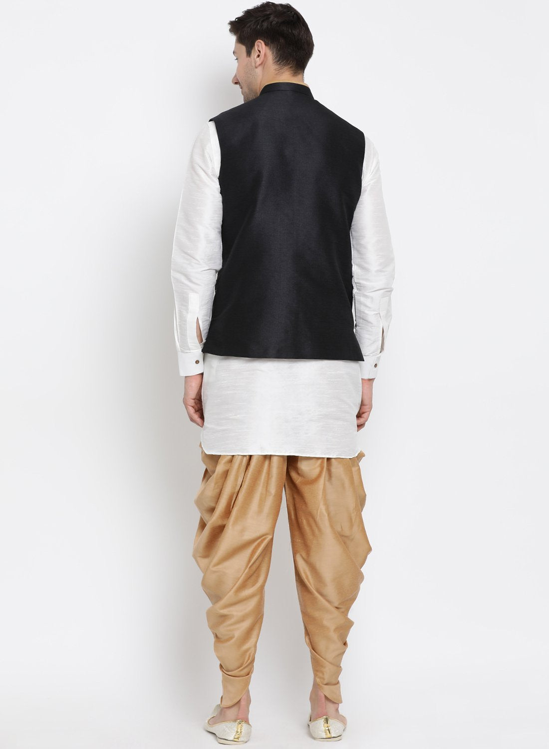 Men's White Cotton Silk Blend Ethnic Jacket, Kurta and Dhoti Pant Set