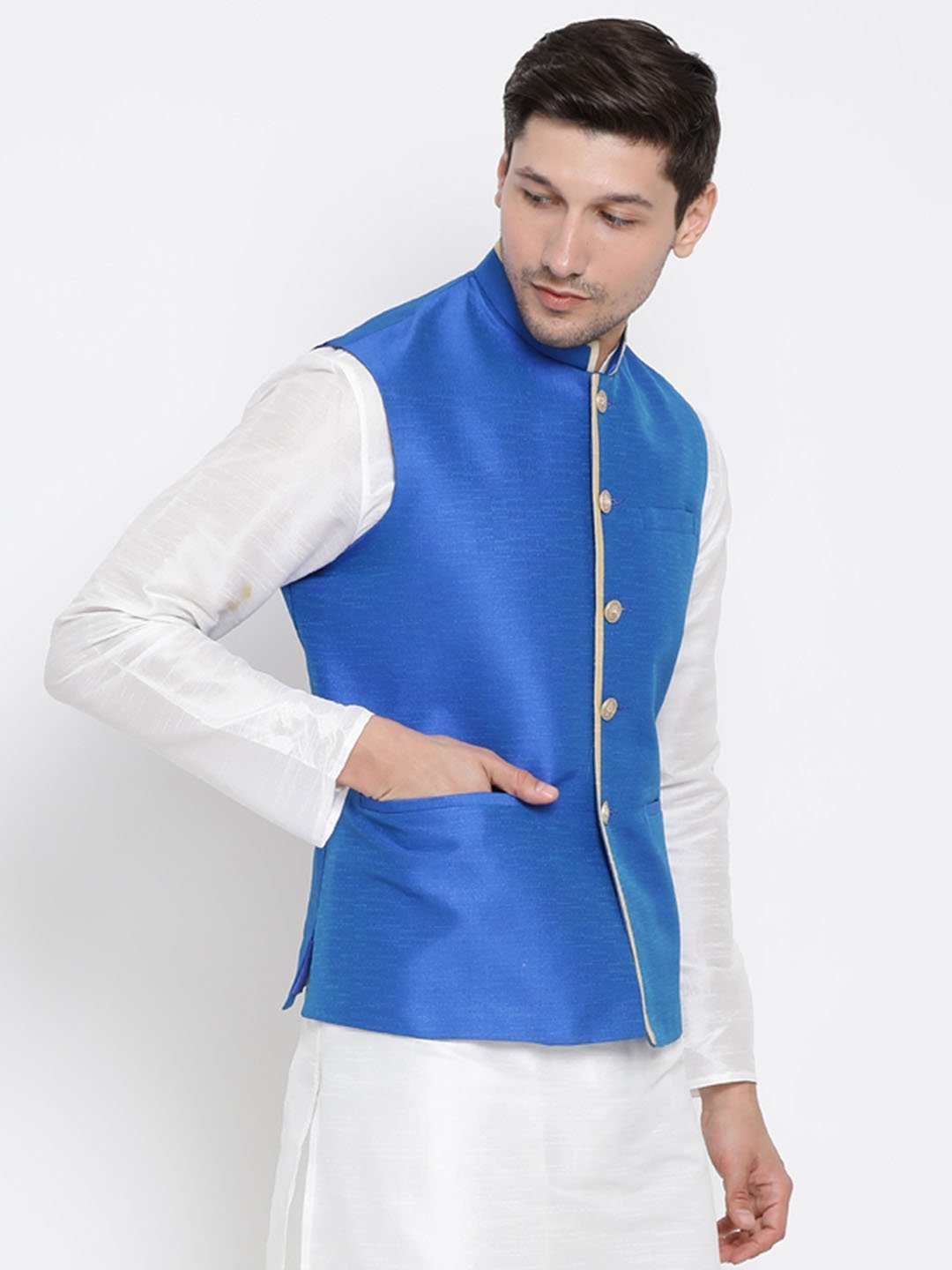 Men's Blue Cotton Silk Blend Ethnic Jacket