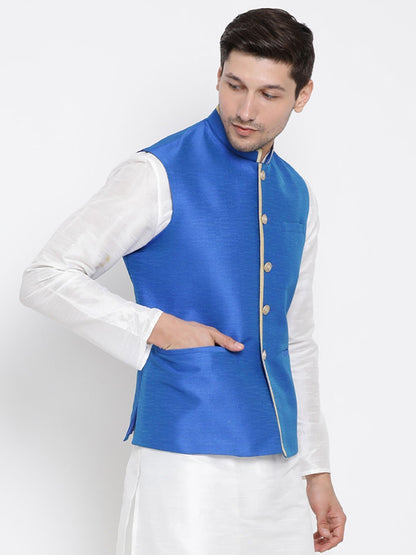 Men's Blue Cotton Silk Blend Ethnic Jacket