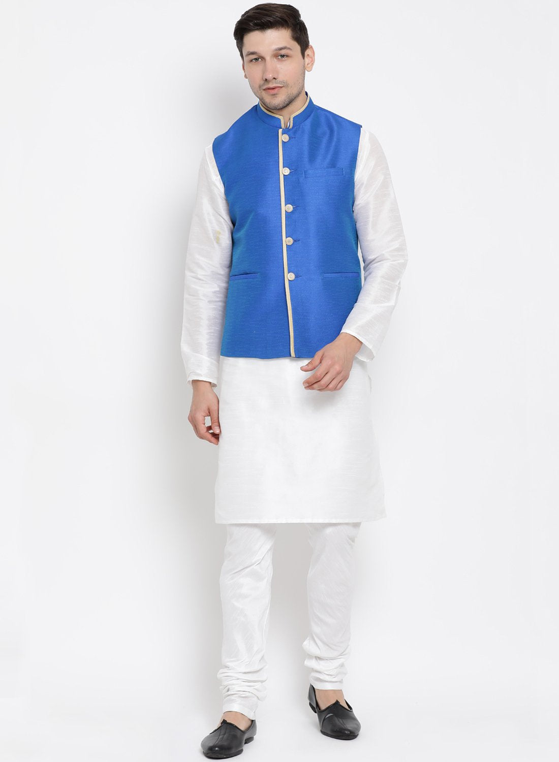 Men's Blue Cotton Silk Blend Ethnic Jacket
