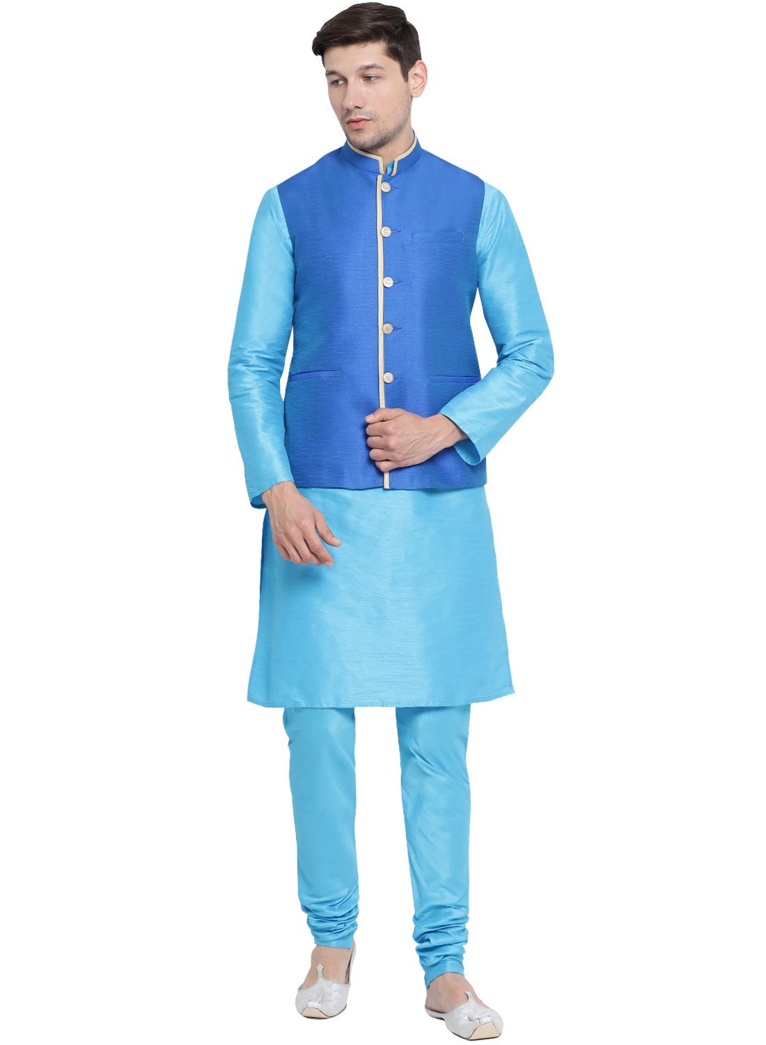 Men's Light Blue Cotton Silk Blend Kurta, Ethnic Jacket and Pyjama Set