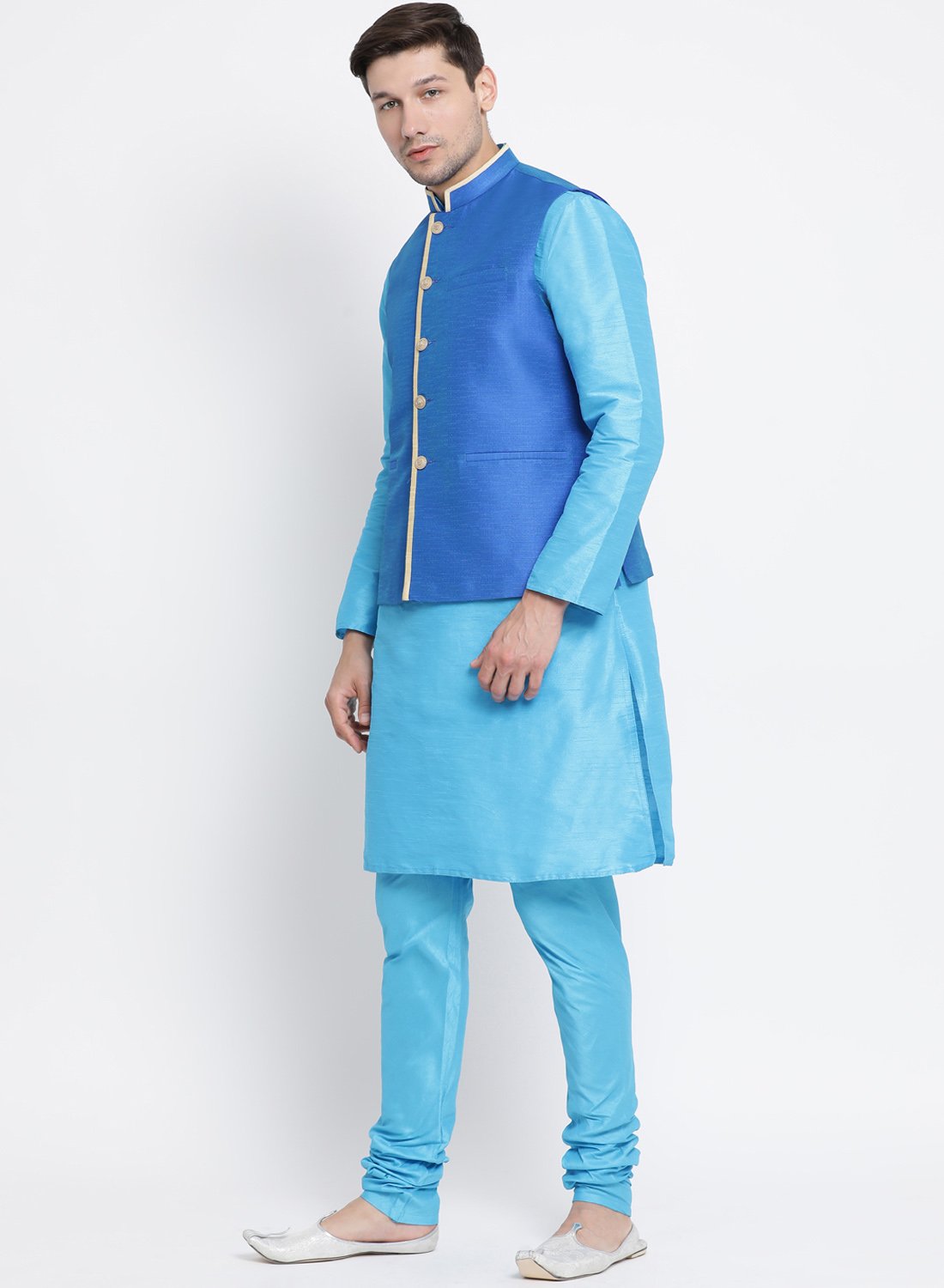 Men's Light Blue Cotton Silk Blend Kurta, Ethnic Jacket and Pyjama Set