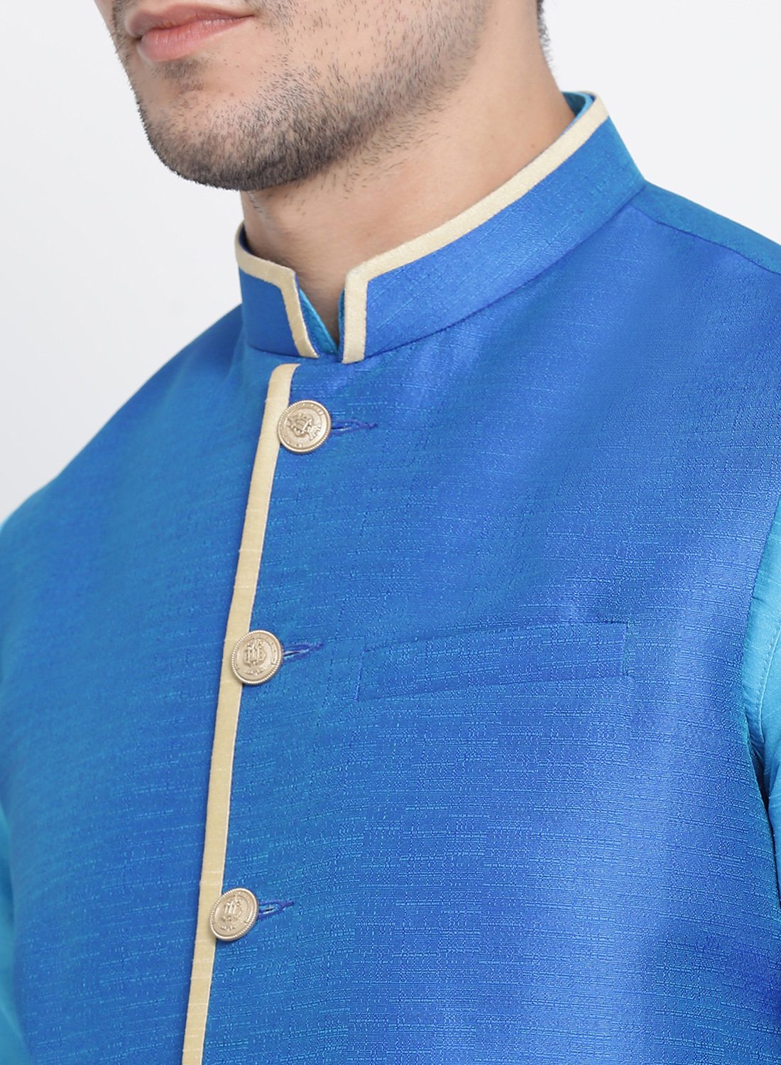 Men's Blue Cotton Silk Blend Ethnic Jacket