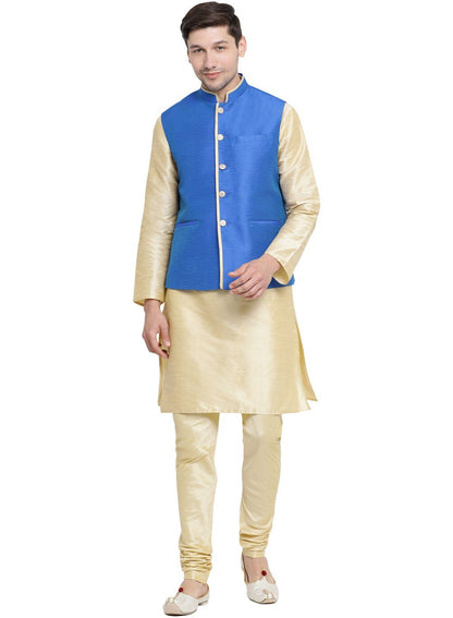 Men's Gold Cotton Silk Blend Kurta, Ethnic Jacket and Pyjama Set