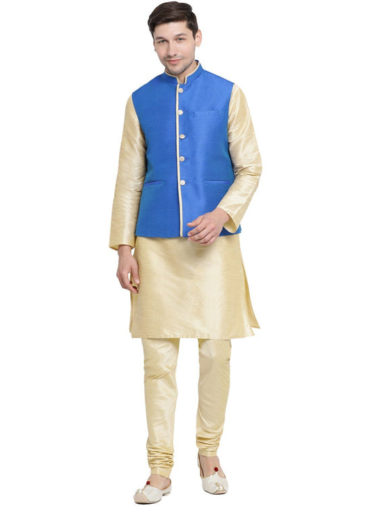 Men's Gold Cotton Silk Blend Kurta, Ethnic Jacket and Pyjama Set