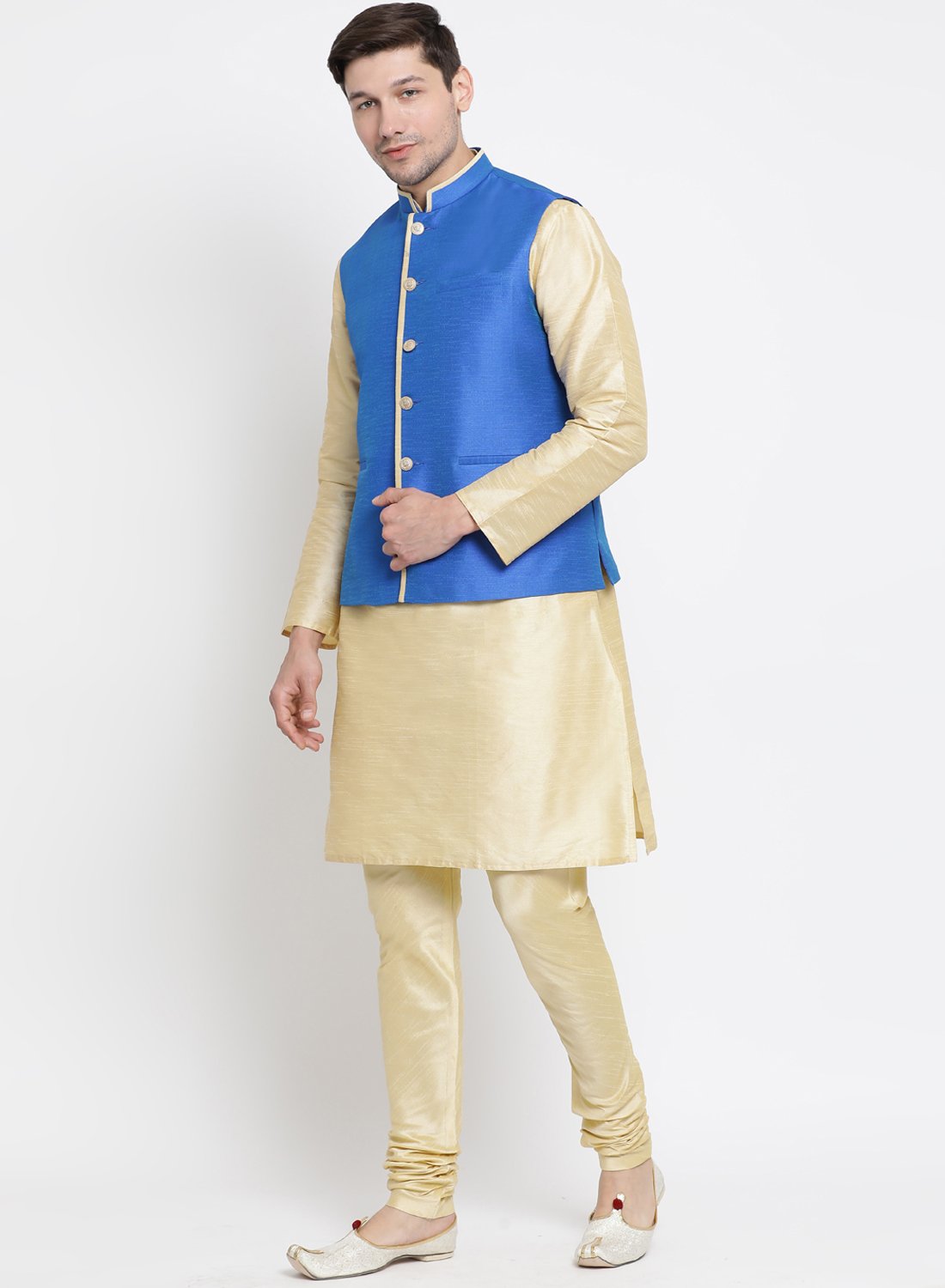 Men's Gold Cotton Silk Blend Kurta, Ethnic Jacket and Pyjama Set