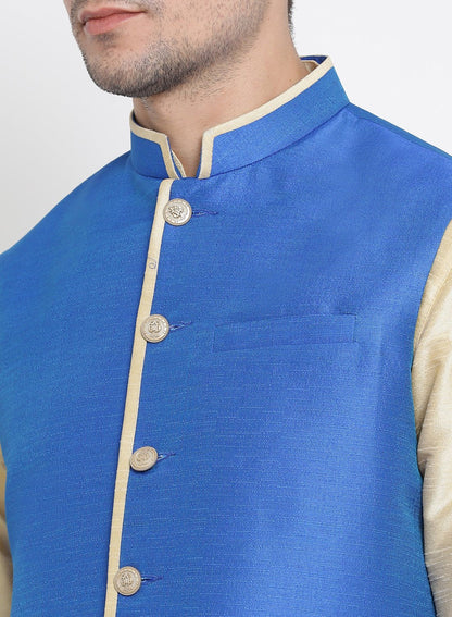Men's Gold Cotton Silk Blend Kurta, Ethnic Jacket and Pyjama Set