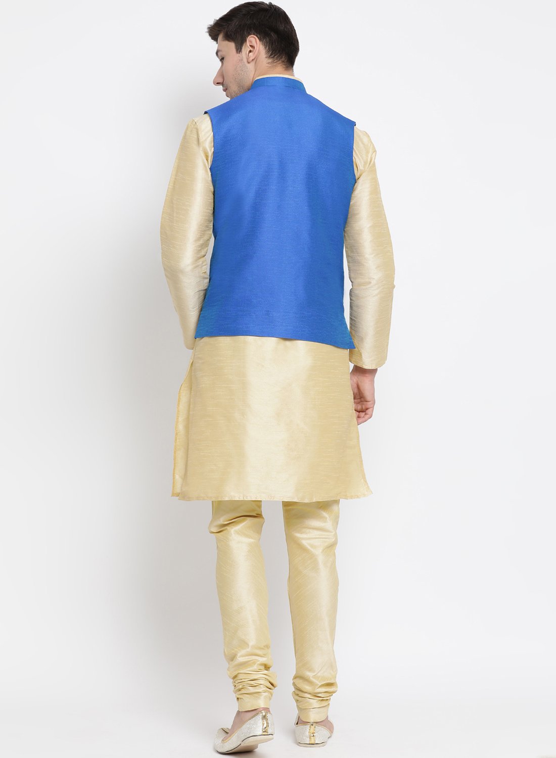 Men's Gold Cotton Silk Blend Kurta, Ethnic Jacket and Pyjama Set