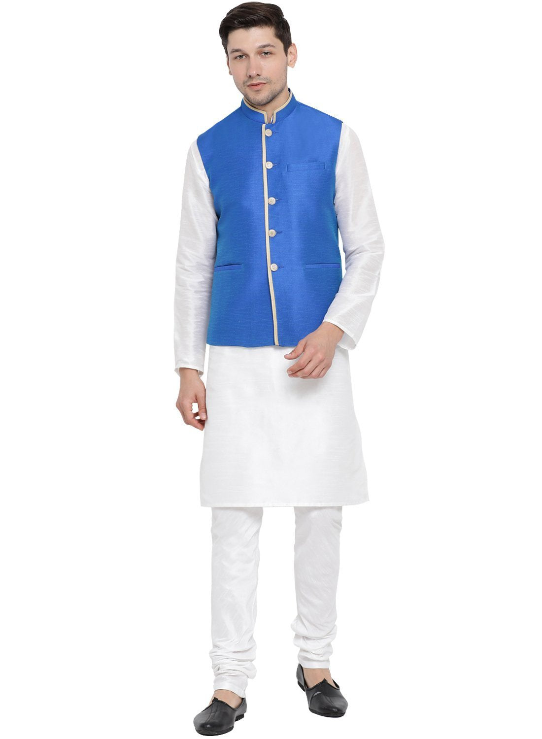 Men's White Cotton Silk Blend Kurta, Ethnic Jacket and Pyjama Set