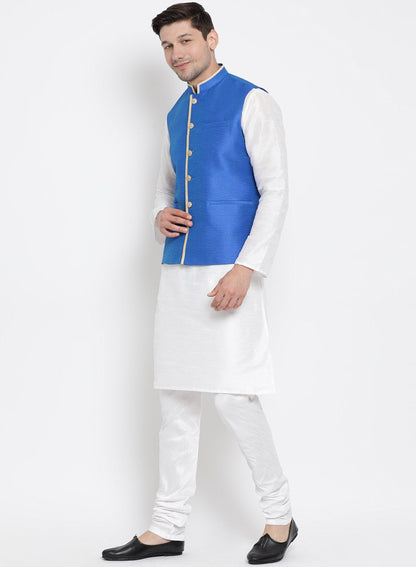 Men's White Cotton Silk Blend Kurta, Ethnic Jacket and Pyjama Set