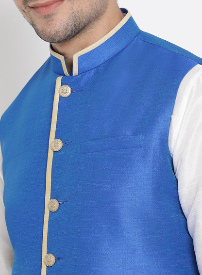 Men's White Cotton Silk Blend Kurta, Ethnic Jacket and Pyjama Set