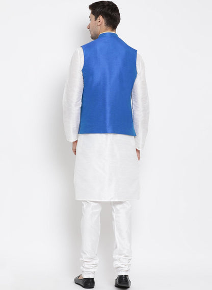 Men's White Cotton Silk Blend Kurta, Ethnic Jacket and Pyjama Set