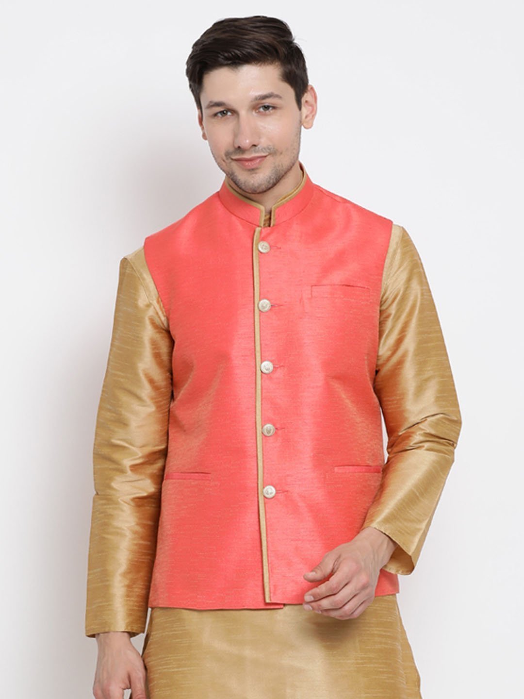 Men's Pink Cotton Silk Blend Ethnic Jacket