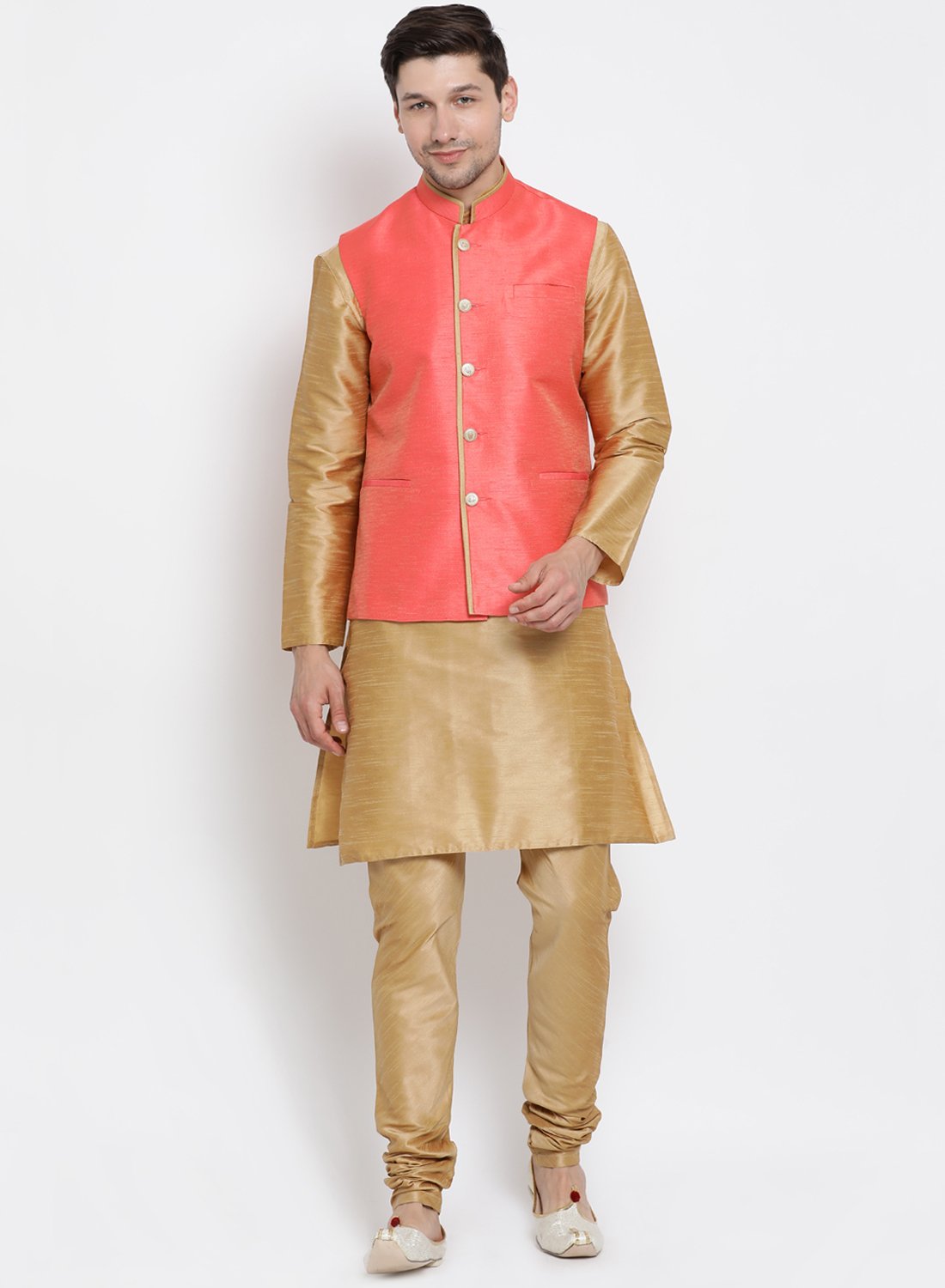 Men's Pink Cotton Silk Blend Ethnic Jacket