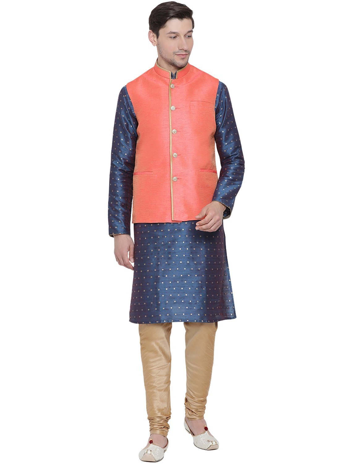 Men's Blue Cotton Silk Blend Kurta, Ethnic Jacket and Pyjama Set