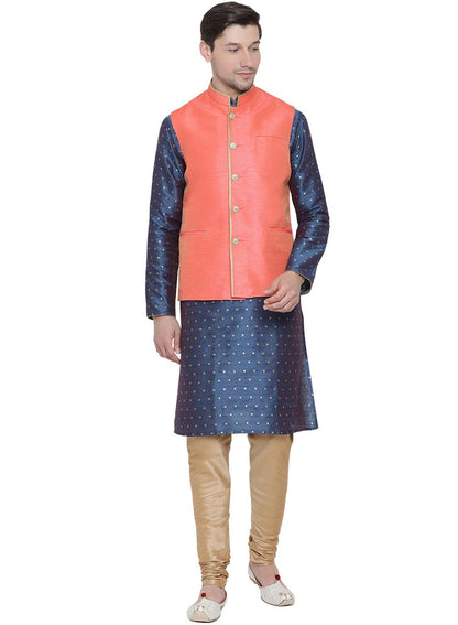 Men's Blue Cotton Silk Blend Kurta, Ethnic Jacket and Pyjama Set