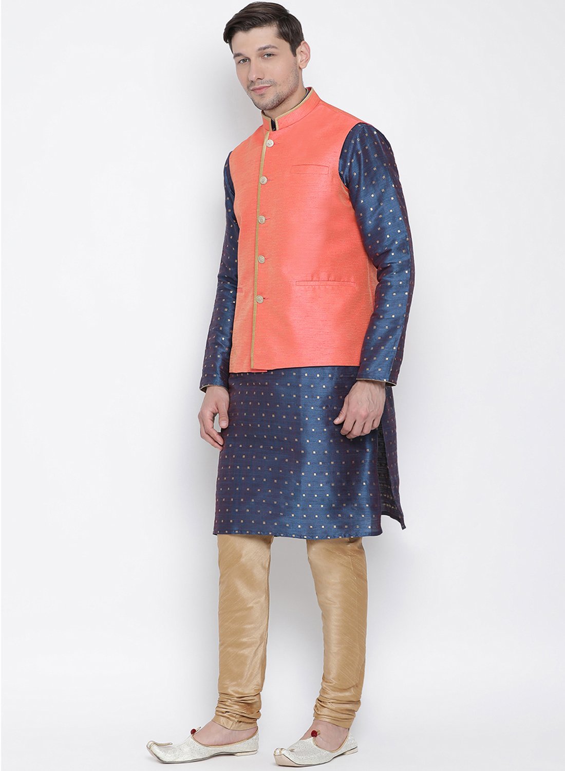 Men's Blue Cotton Silk Blend Kurta, Ethnic Jacket and Pyjama Set