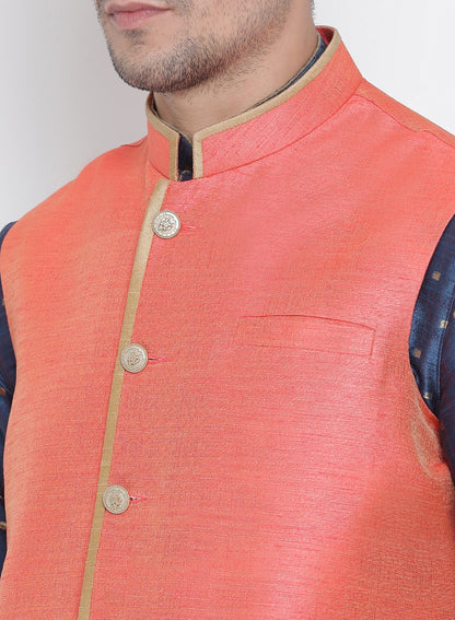 Men's Blue Cotton Silk Blend Kurta, Ethnic Jacket and Pyjama Set