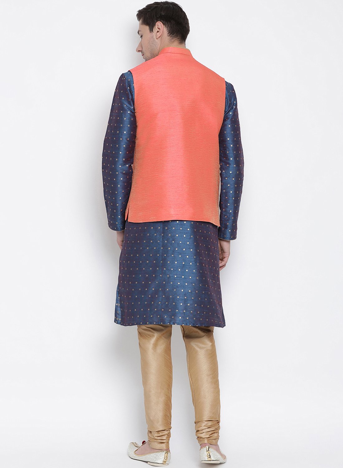 Men's Blue Cotton Silk Blend Kurta, Ethnic Jacket and Pyjama Set