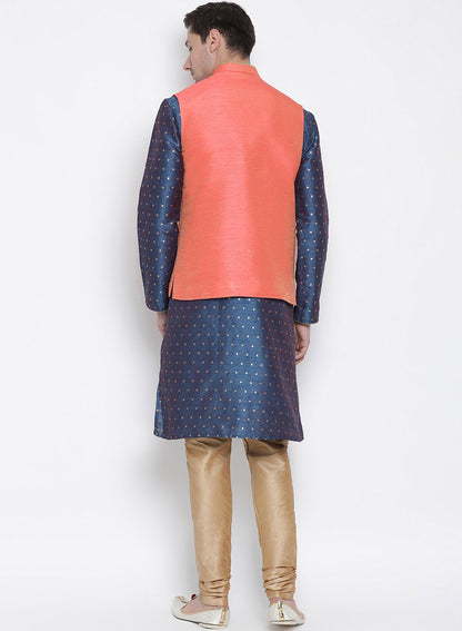 Men's Blue Cotton Silk Blend Kurta, Ethnic Jacket and Pyjama Set