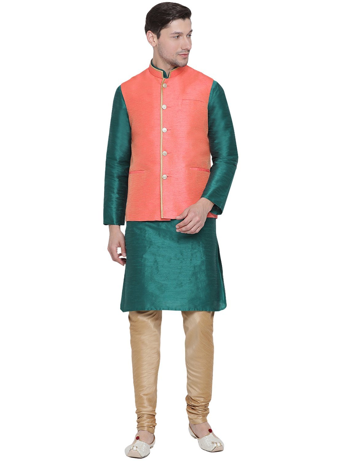 Men's Green Cotton Silk Blend Kurta, Ethnic Jacket and Pyjama Set