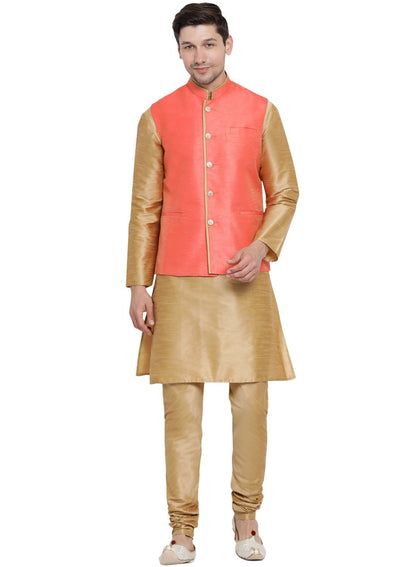 Men's Gold Cotton Silk Blend Kurta, Ethnic Jacket and Pyjama Set