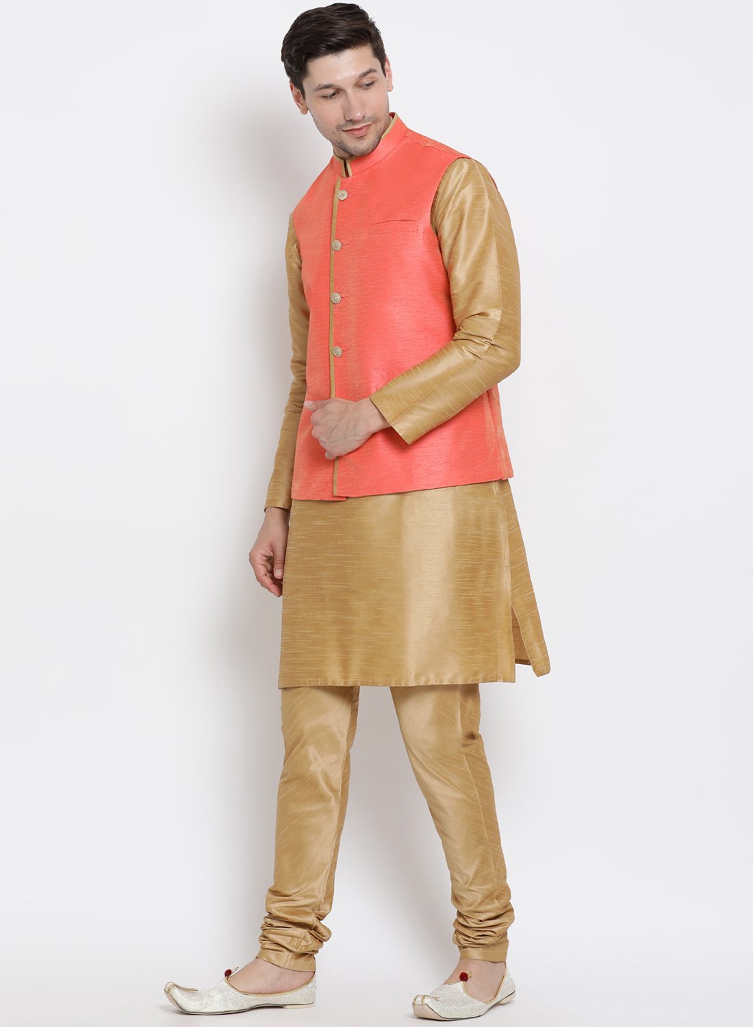 Men's Gold Cotton Silk Blend Kurta, Ethnic Jacket and Pyjama Set
