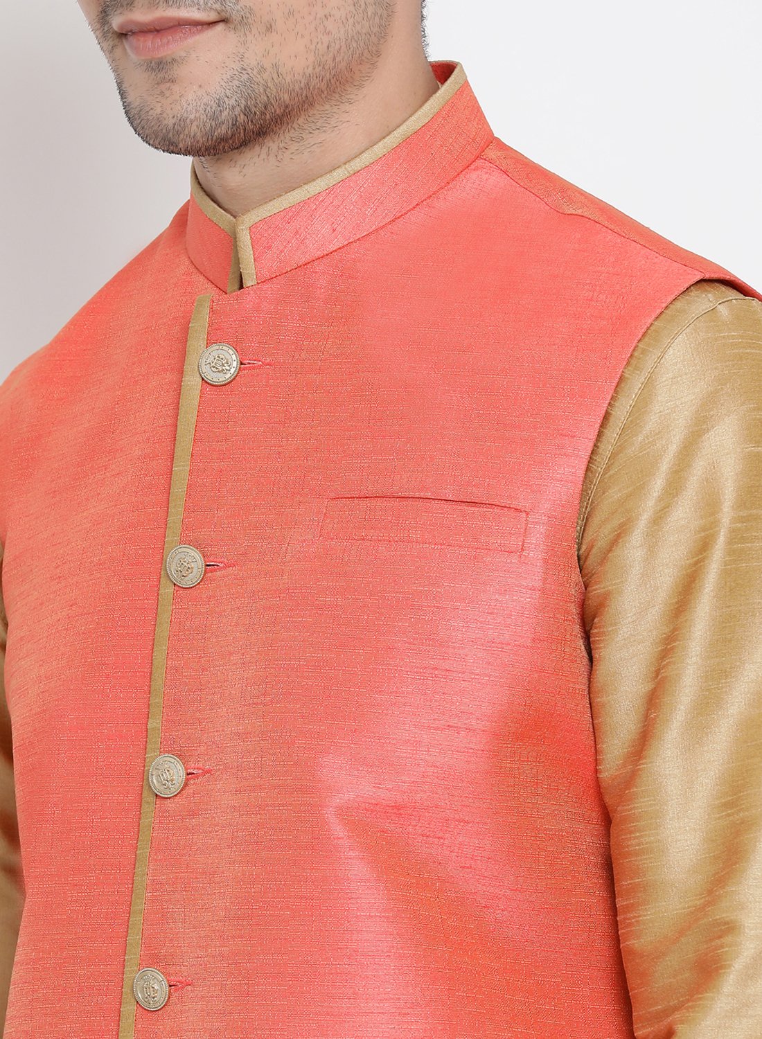 Men's Gold Cotton Silk Blend Kurta, Ethnic Jacket and Pyjama Set