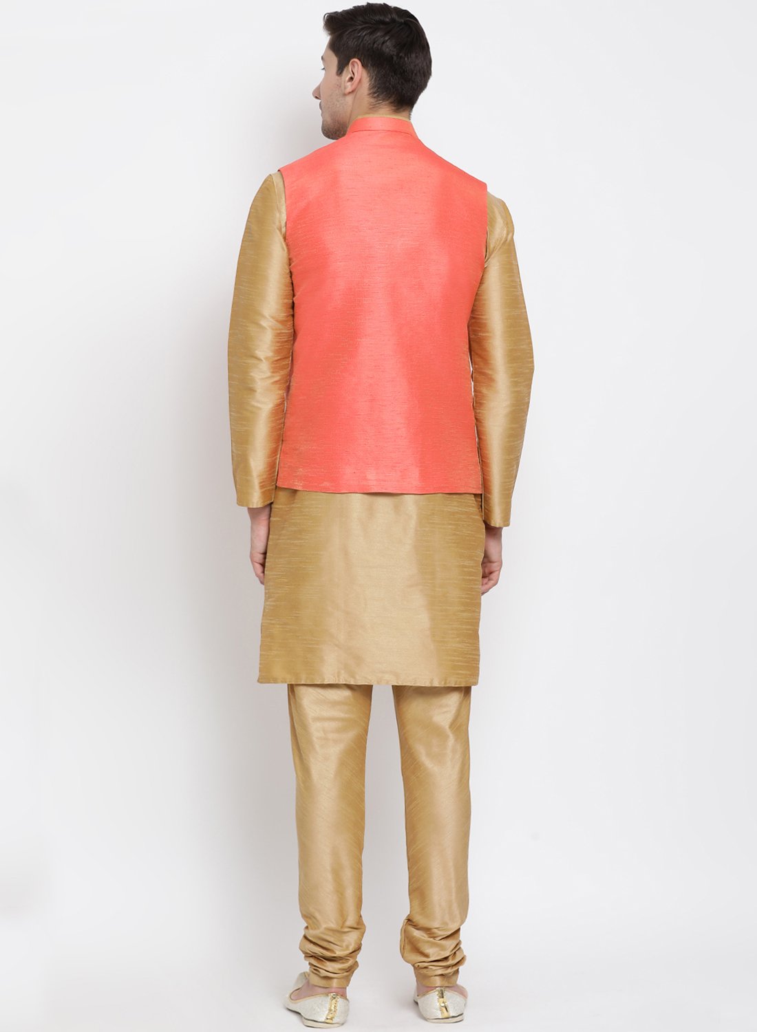 Men's Gold Cotton Silk Blend Kurta, Ethnic Jacket and Pyjama Set