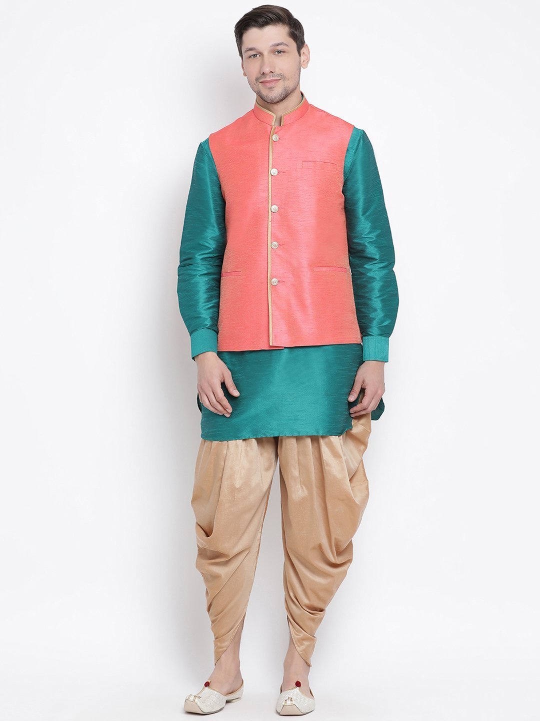 Men's Green Cotton Silk Blend Ethnic Jacket, Kurta and Dhoti Pant Set
